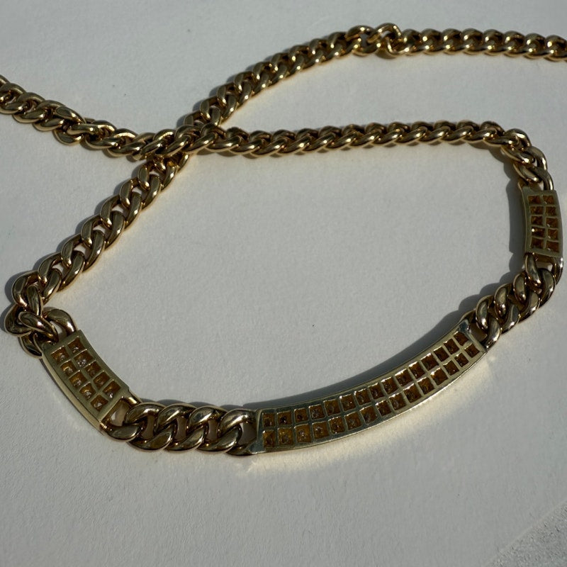 18k Yellow Gold Cuban Chain Diamond Bar Necklace
