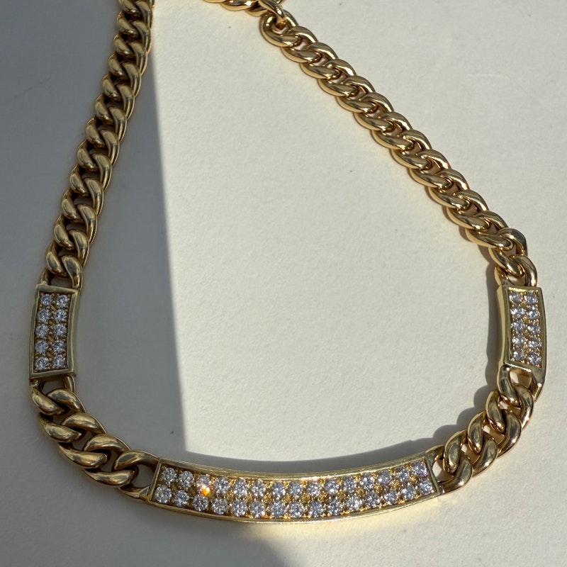 18k Yellow Gold Cuban Chain Diamond Bar Necklace