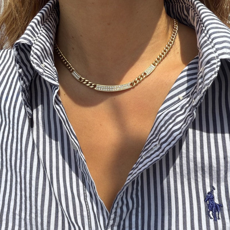 18k Yellow Gold Cuban Chain Diamond Bar Necklace