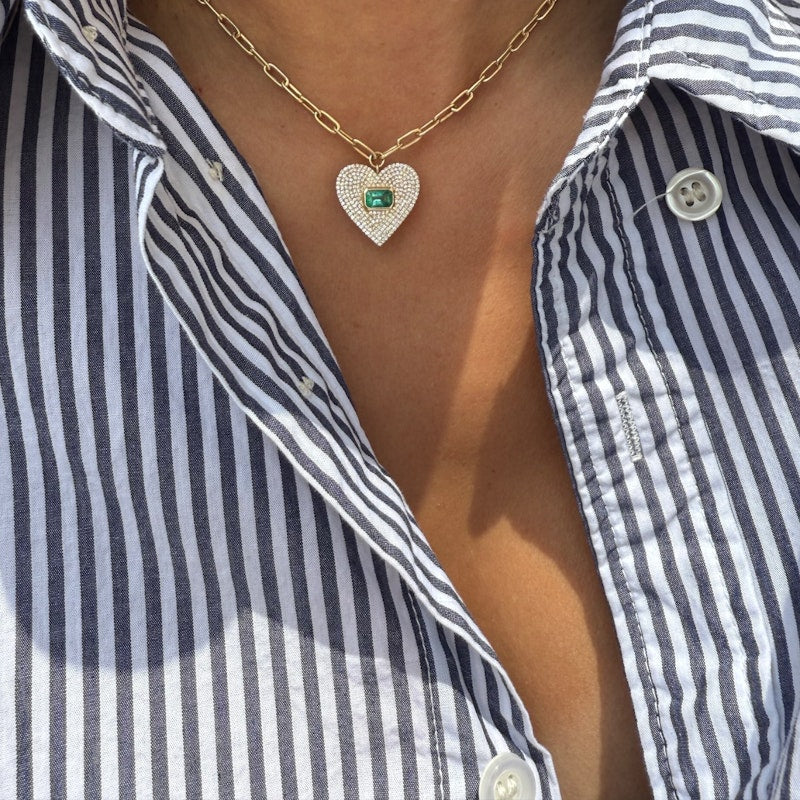 14k Yellow Gold Emerald & Diamond Heart Paperclip Chain Necklace