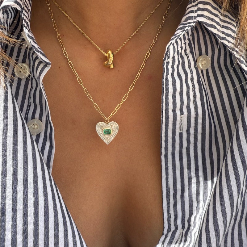 14k Yellow Gold Emerald & Diamond Heart Paperclip Chain Necklace