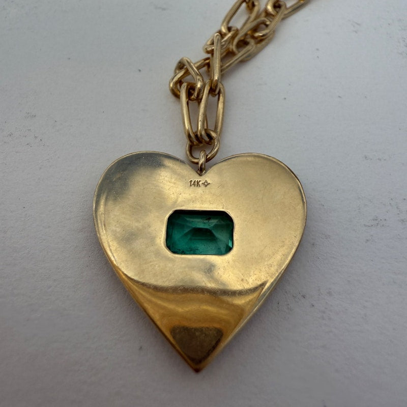 14k Yellow Gold Emerald & Diamond Heart Paperclip Chain Necklace