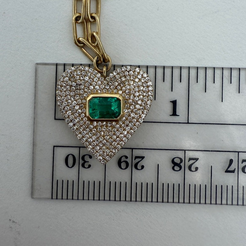 14k Yellow Gold Emerald & Diamond Heart Paperclip Chain Necklace