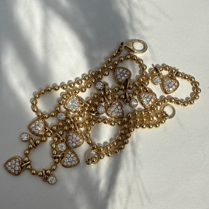 14K Yellow Gold Diamond Heart Dangle Ball Chain Necklace