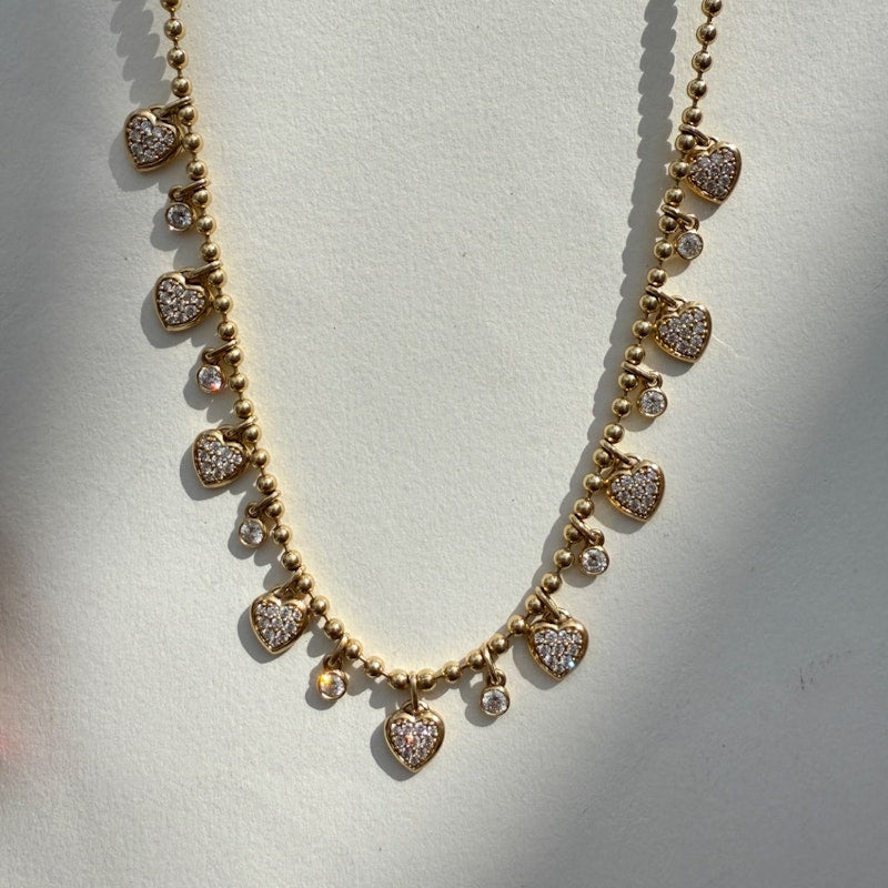 14K Yellow Gold Diamond Heart Dangle Ball Chain Necklace
