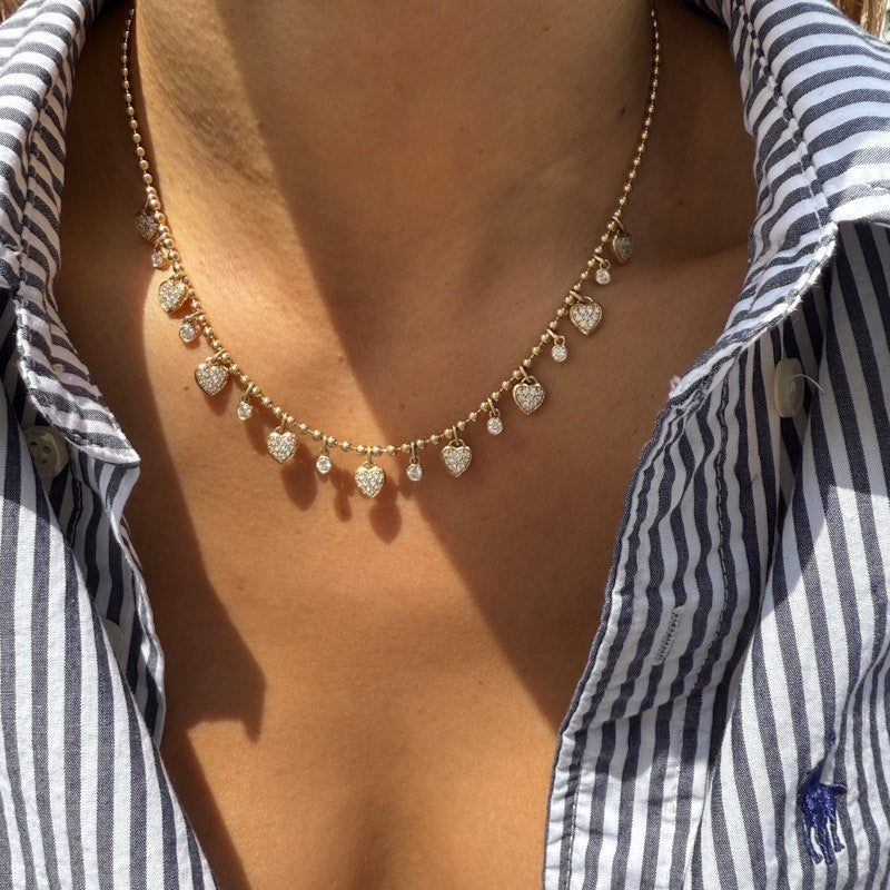 14K Yellow Gold Diamond Heart Dangle Ball Chain Necklace