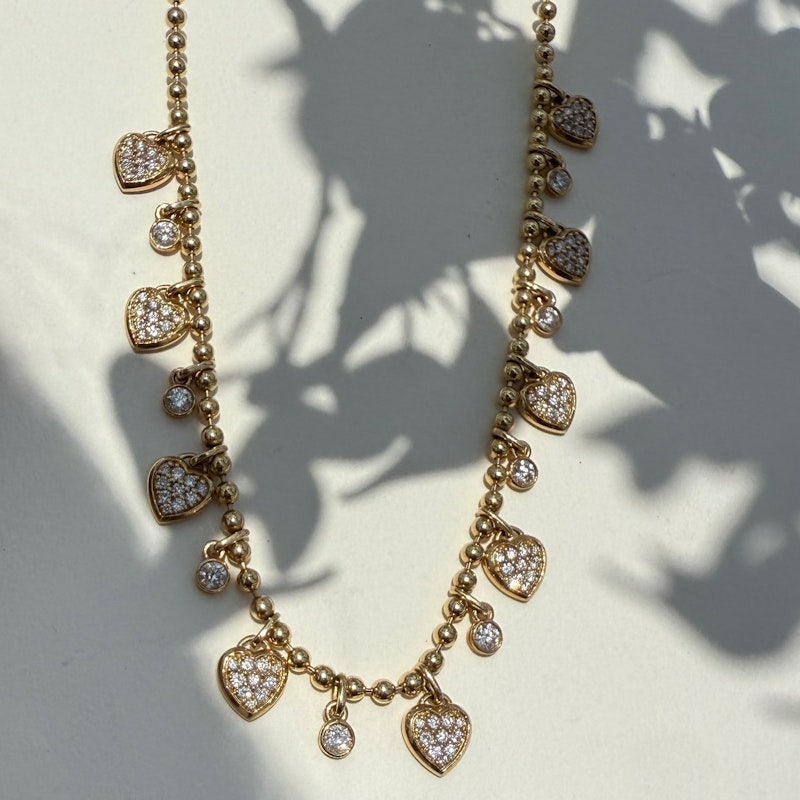 14K Yellow Gold Diamond Heart Dangle Ball Chain Necklace