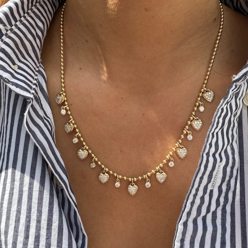 14K Yellow Gold Diamond Heart Dangle Ball Chain Necklace