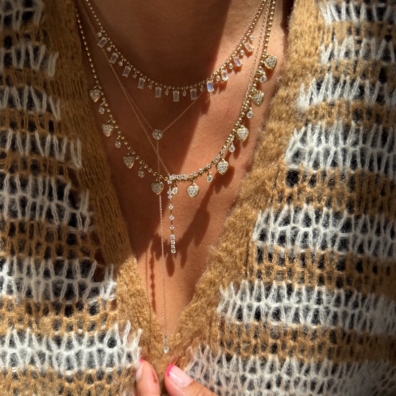 14K Yellow Gold Diamond Heart Dangle Ball Chain Necklace