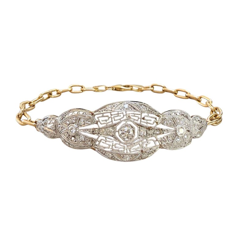 Antique Platinum and 14k Yellow Gold Diamond Filigree Bracelet