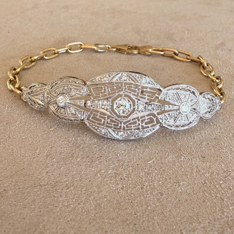 Antique Platinum and 14k Yellow Gold Diamond Filigree Bracelet