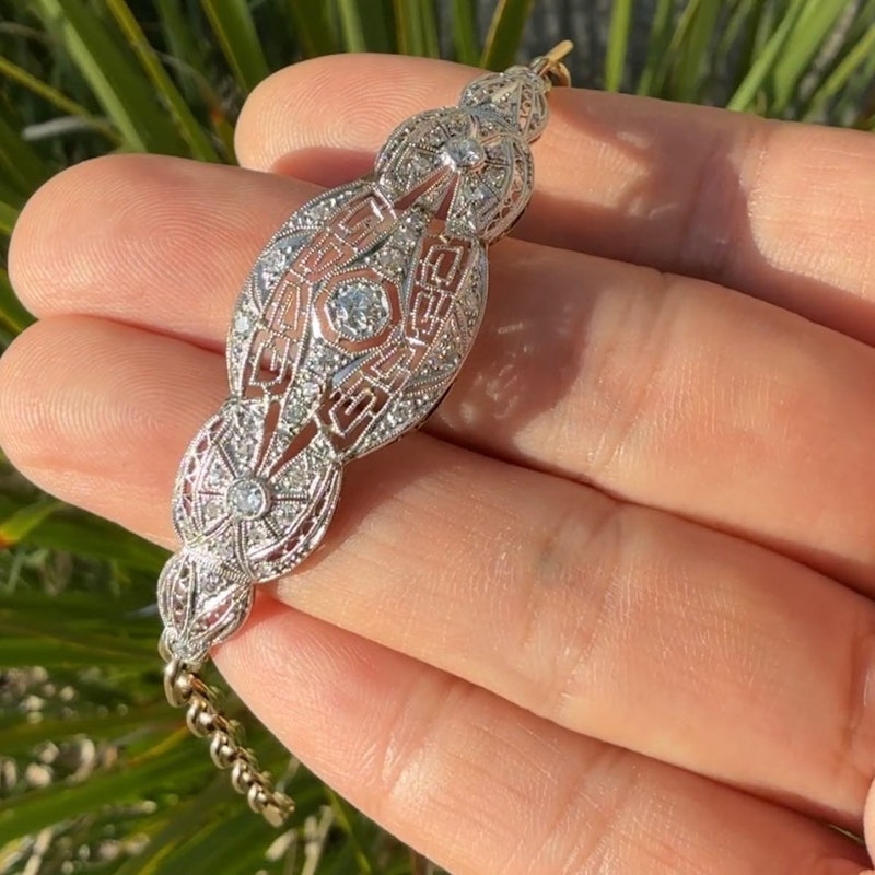 Antique Platinum and 14k Yellow Gold Diamond Filigree Bracelet