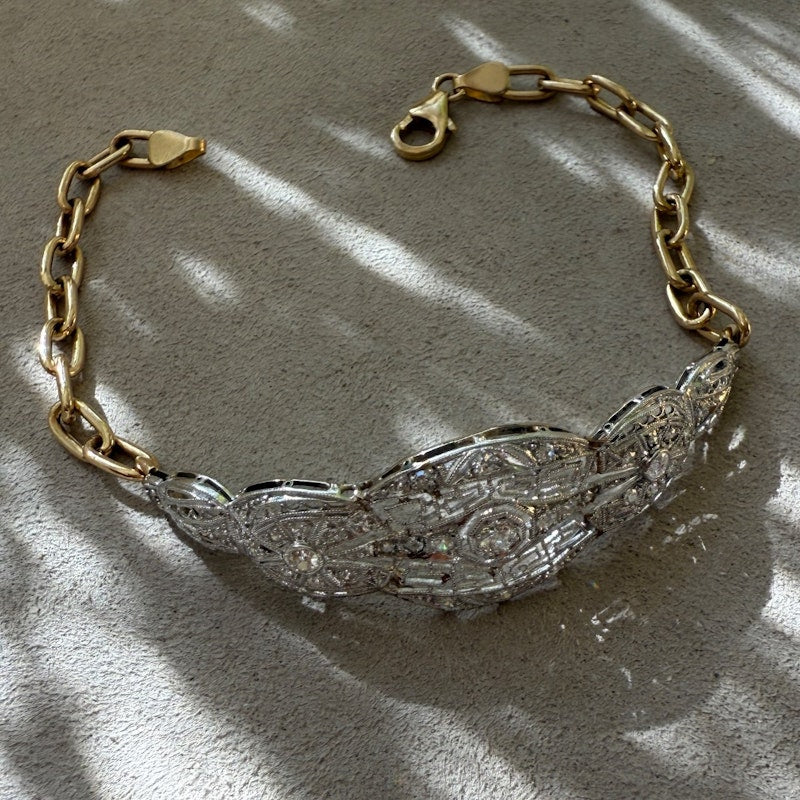 Antique Platinum and 14k Yellow Gold Diamond Filigree Bracelet