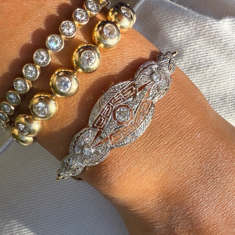 Antique Platinum and 14k Yellow Gold Diamond Filigree Bracelet