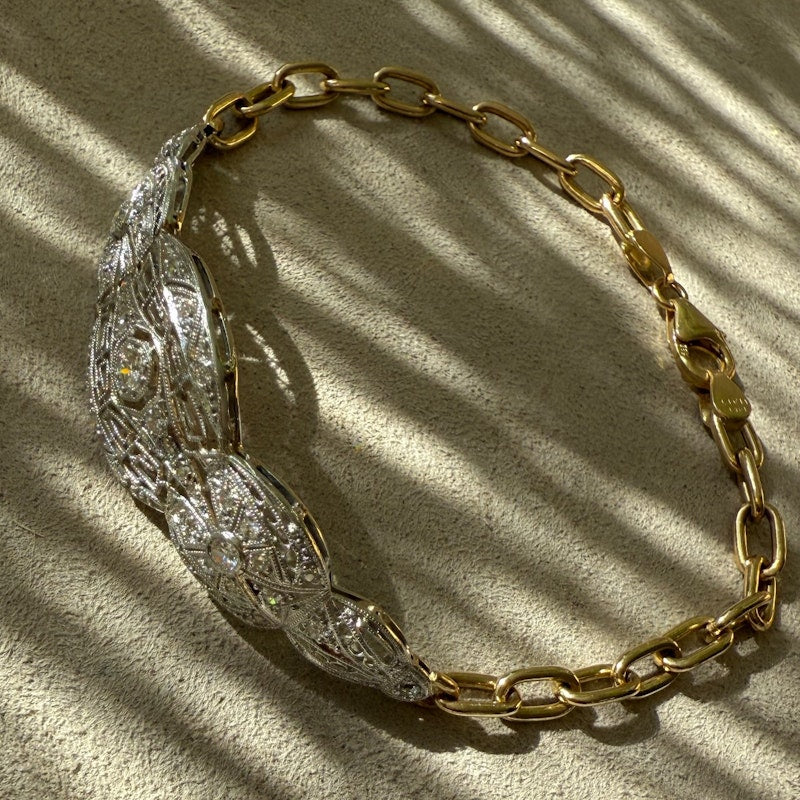 Antique Platinum and 14k Yellow Gold Diamond Filigree Bracelet