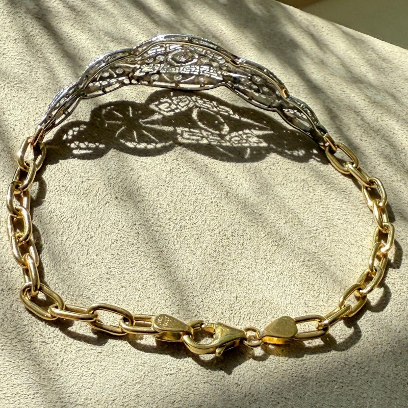 Antique Platinum and 14k Yellow Gold Diamond Filigree Bracelet