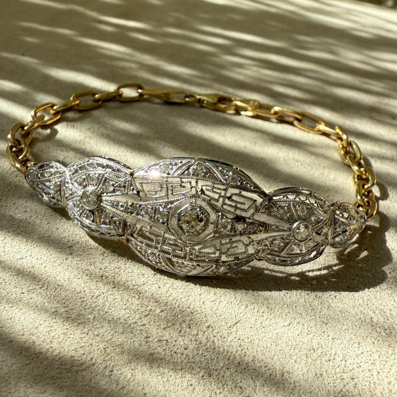 Antique Platinum and 14k Yellow Gold Diamond Filigree Bracelet