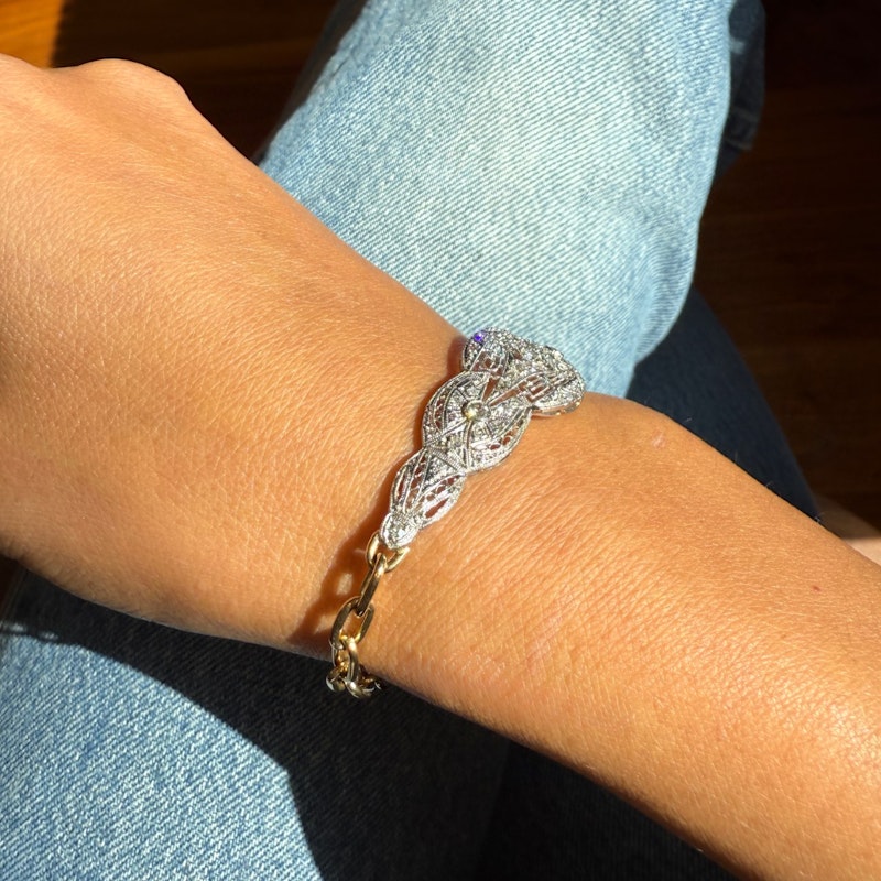 Antique Platinum and 14k Yellow Gold Diamond Filigree Bracelet