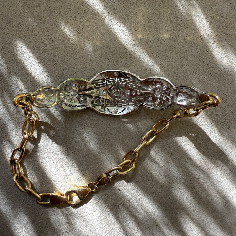 Antique Platinum and 14k Yellow Gold Diamond Filigree Bracelet