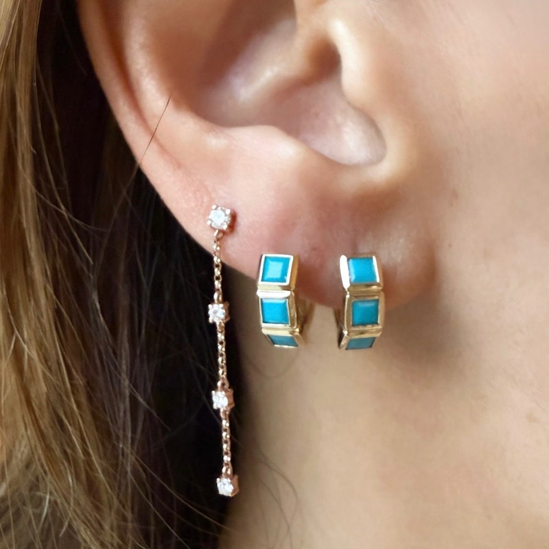 Shylee Rose 14k Yellow Gold Turquoise Princess-Cut Huggies