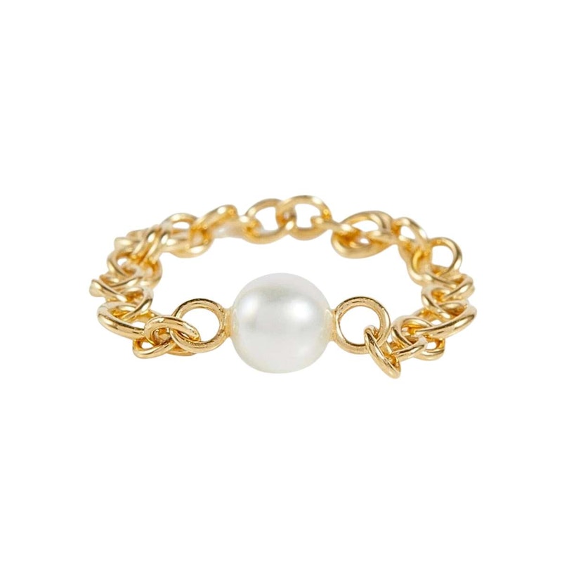 Spinelli Kilcollin Akoya Pearl Gravity Chain Ring in 18k Yellow Gold