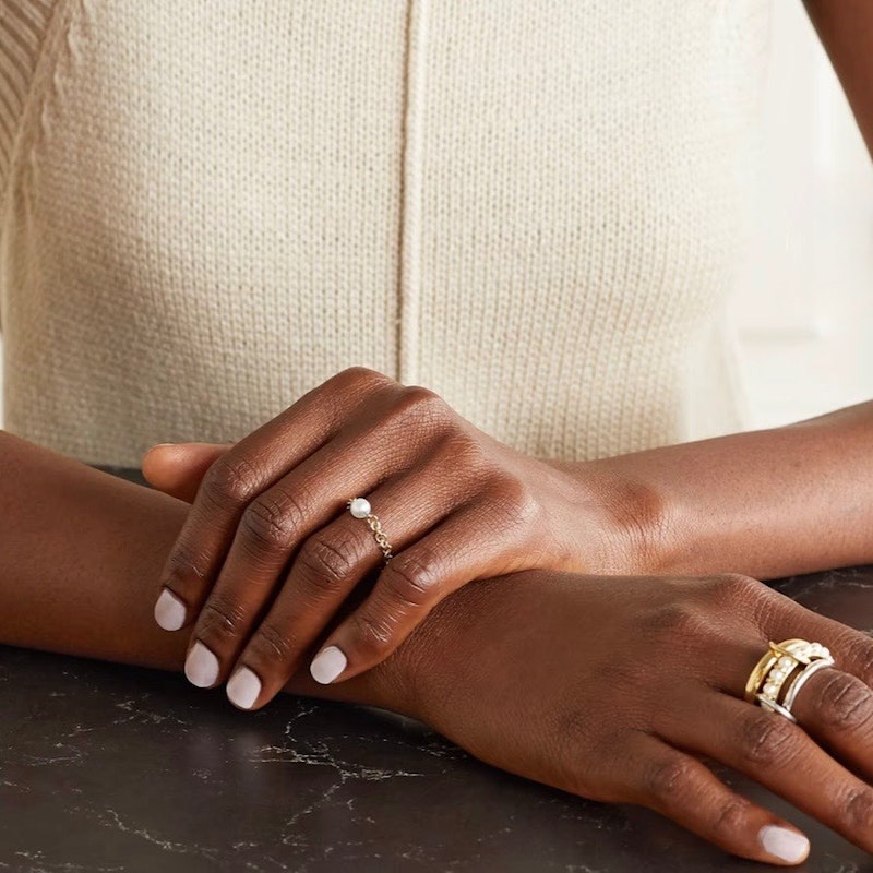Spinelli Kilcollin Akoya Pearl Gravity Chain Ring in 18k Yellow Gold