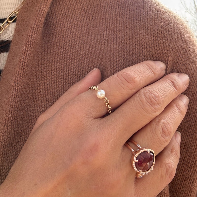 Spinelli Kilcollin Akoya Pearl Gravity Chain Ring in 18k Yellow Gold