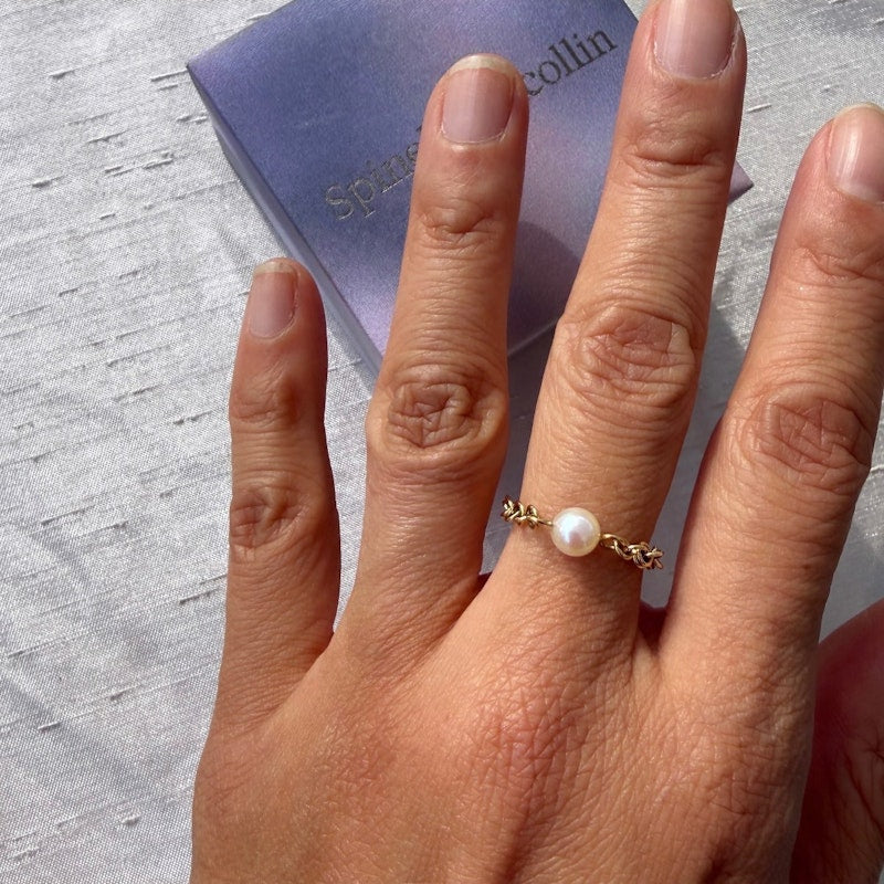 Spinelli Kilcollin Akoya Pearl Gravity Chain Ring in 18k Yellow Gold