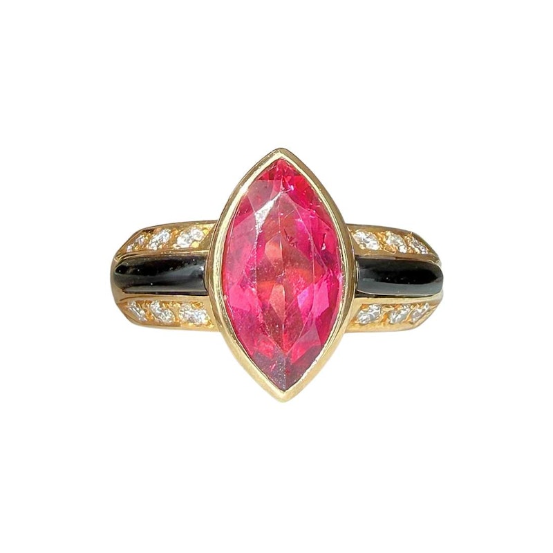 Vintage 18k Yellow Gold Pink Tourmaline Marquise Ring with Onyx & Diamond Accents