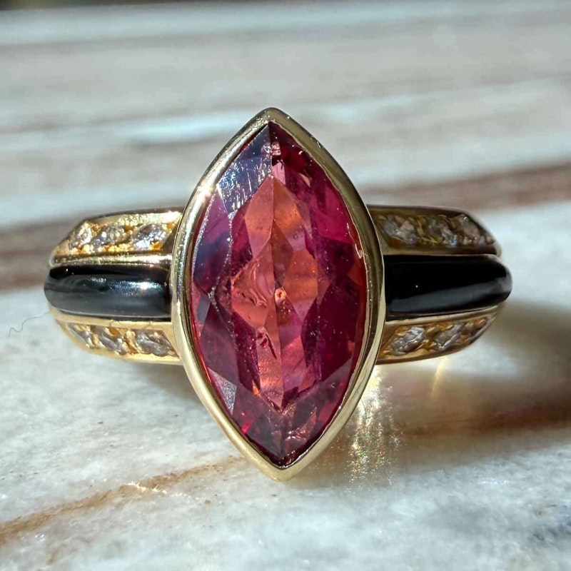 Vintage 18k Yellow Gold Pink Tourmaline Marquise Ring with Onyx & Diamond Accents