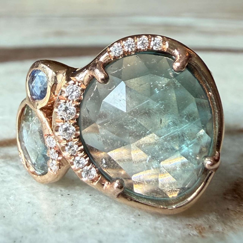 Sirciam 14k Rose Gold Blue-Green Tourmaline Mana Ring