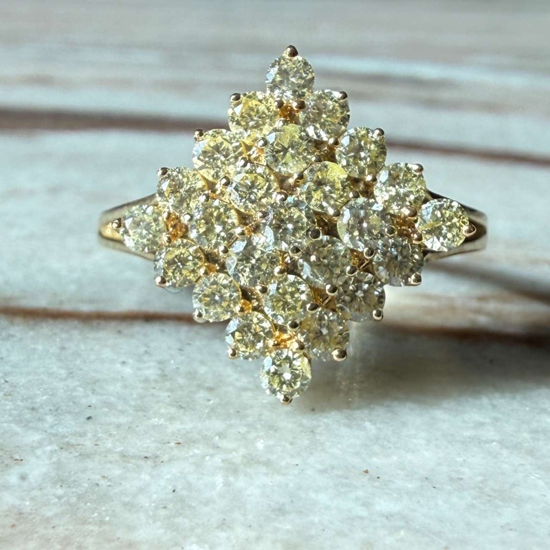 Vintage 10k Yellow Gold Natural Yellow Diamond Cluster Ring
