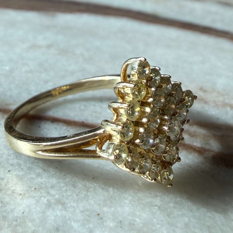 Vintage 10k Yellow Gold Natural Yellow Diamond Cluster Ring