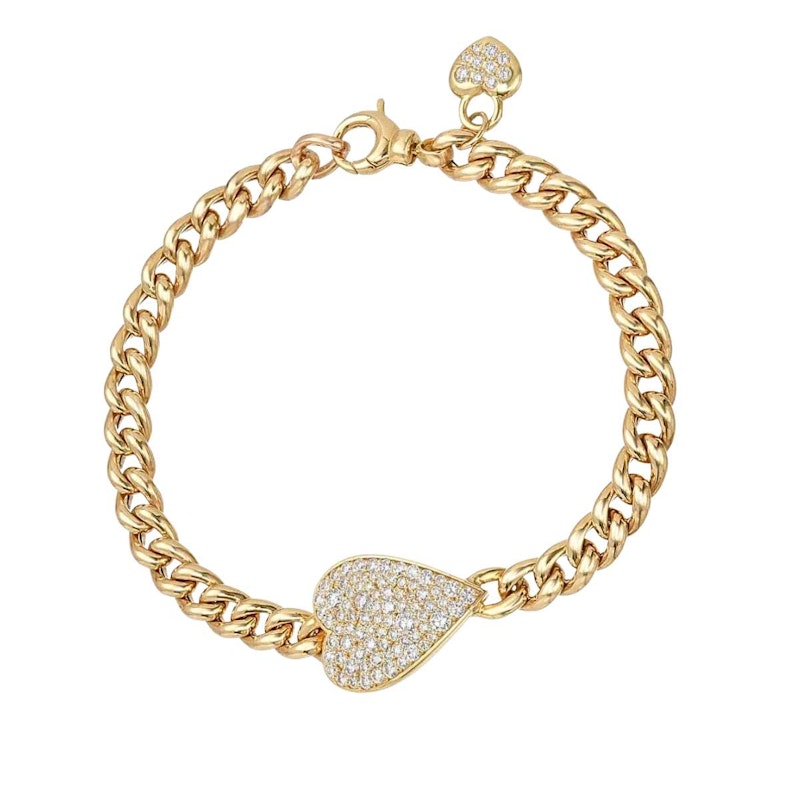 14k Yellow Gold Cuban Link Diamond Heart Bracelet
