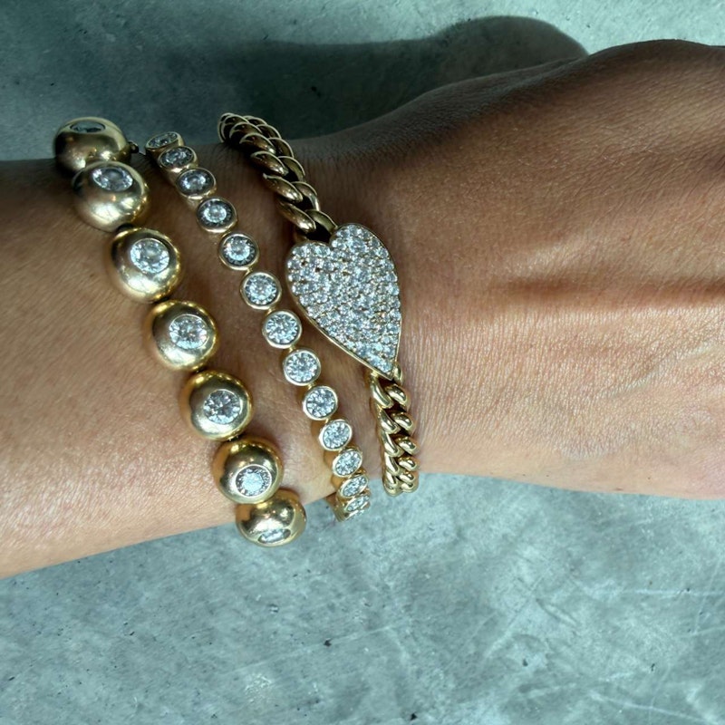 14k Yellow Gold Cuban Link Diamond Heart Bracelet