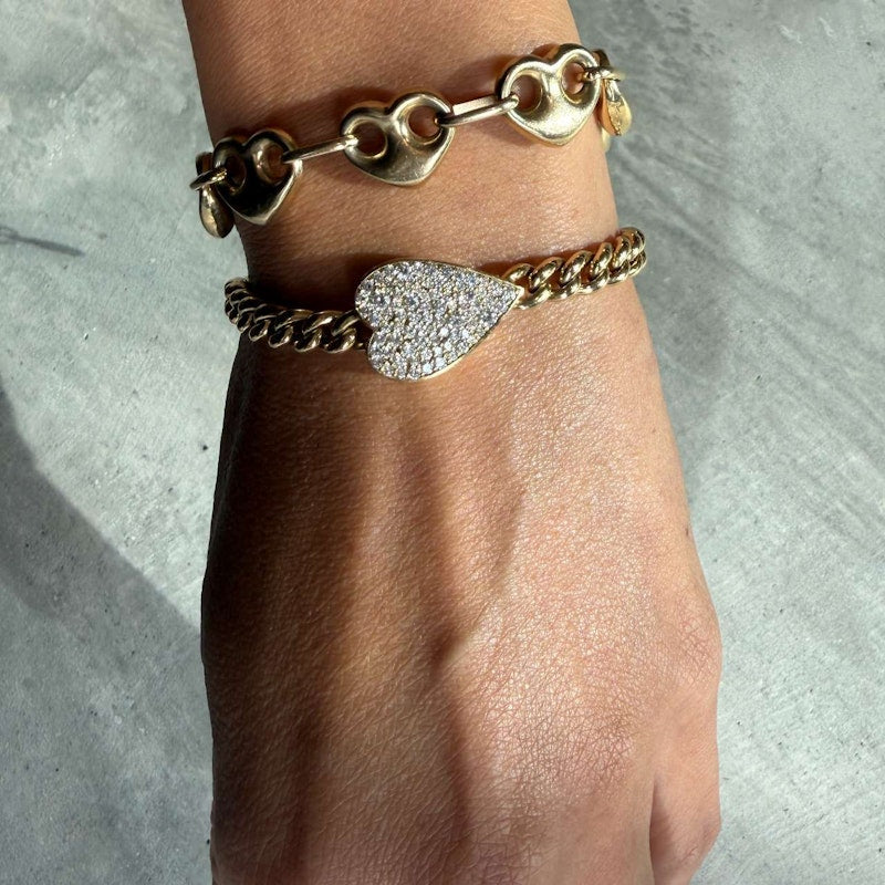 14k Yellow Gold Cuban Link Diamond Heart Bracelet