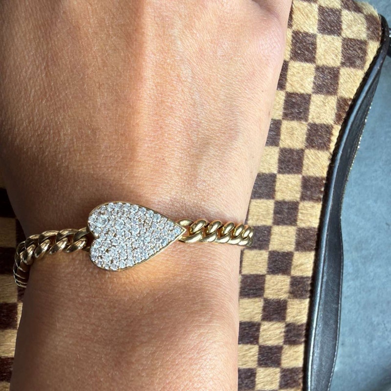 14k Yellow Gold Cuban Link Diamond Heart Bracelet