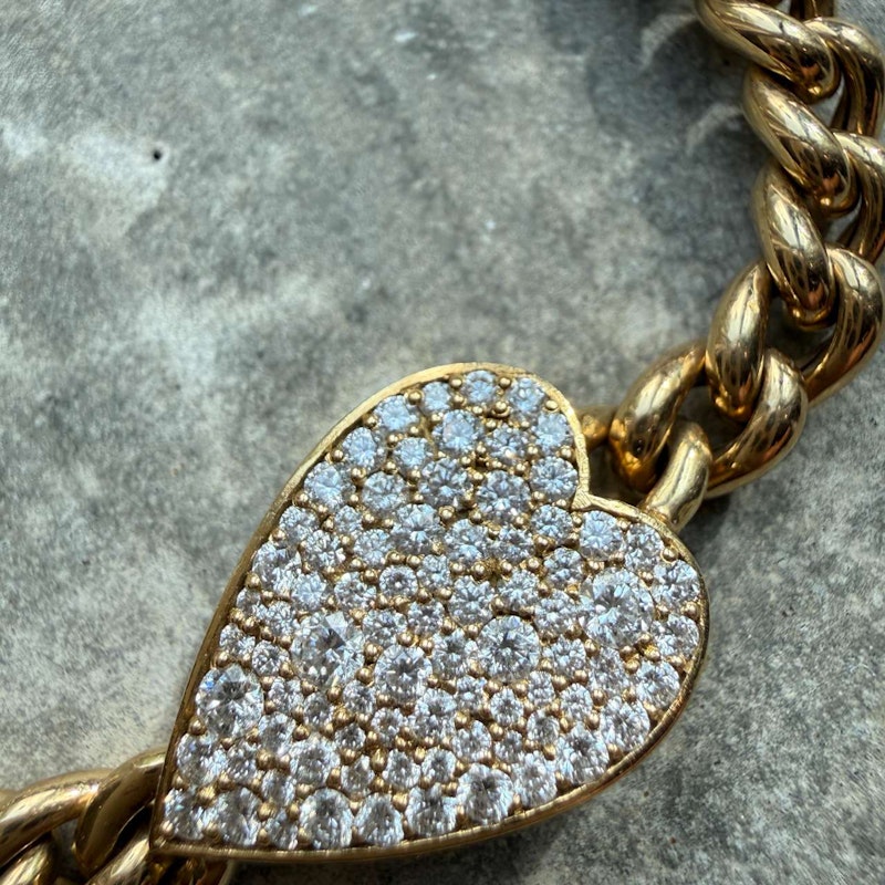 14k Yellow Gold Cuban Link Diamond Heart Bracelet