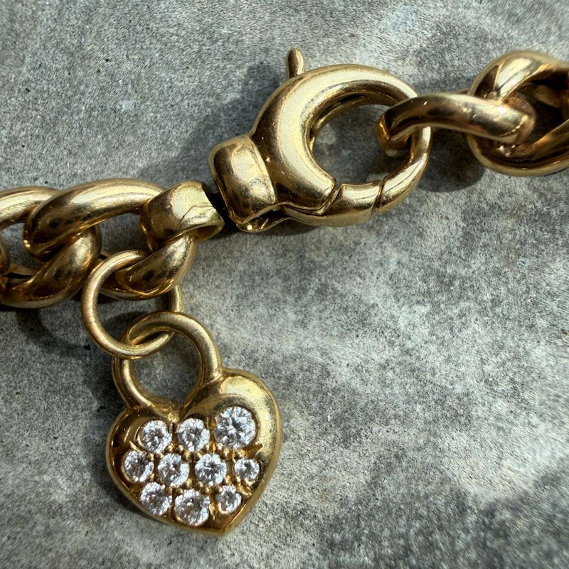 14k Yellow Gold Cuban Link Diamond Heart Bracelet