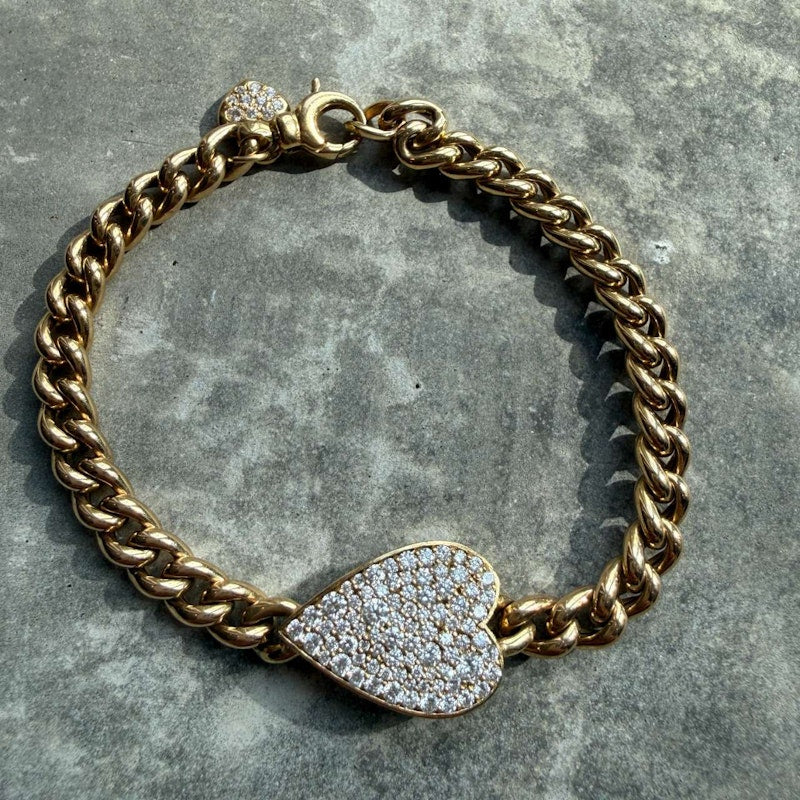 14k Yellow Gold Cuban Link Diamond Heart Bracelet