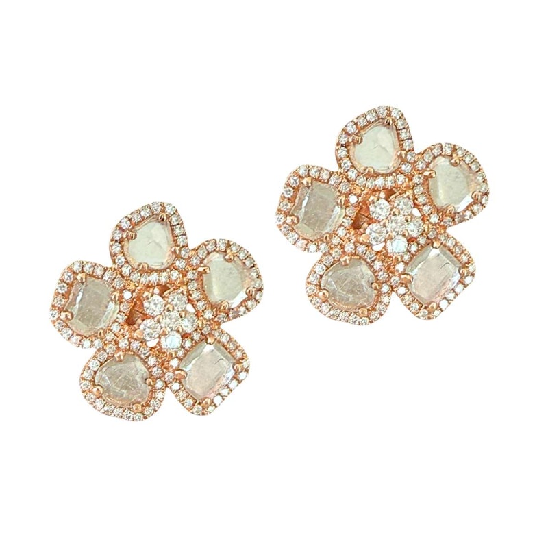 14k Rose Gold Sliced Diamond Flower Stud Earrings