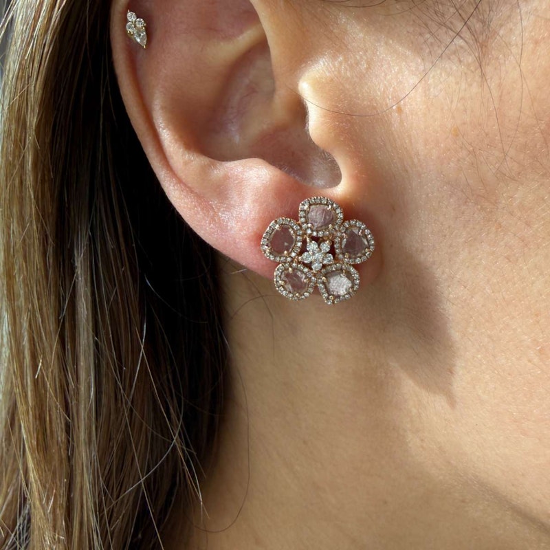 14k Rose Gold Sliced Diamond Flower Stud Earrings
