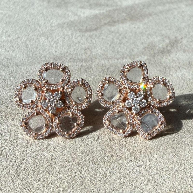 14k Rose Gold Sliced Diamond Flower Stud Earrings