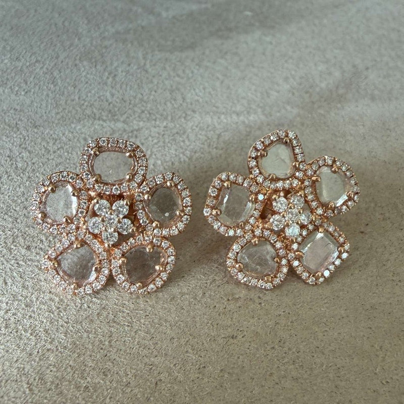 14k Rose Gold Sliced Diamond Flower Stud Earrings