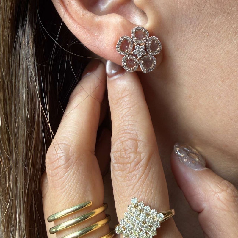 14k Rose Gold Sliced Diamond Flower Stud Earrings