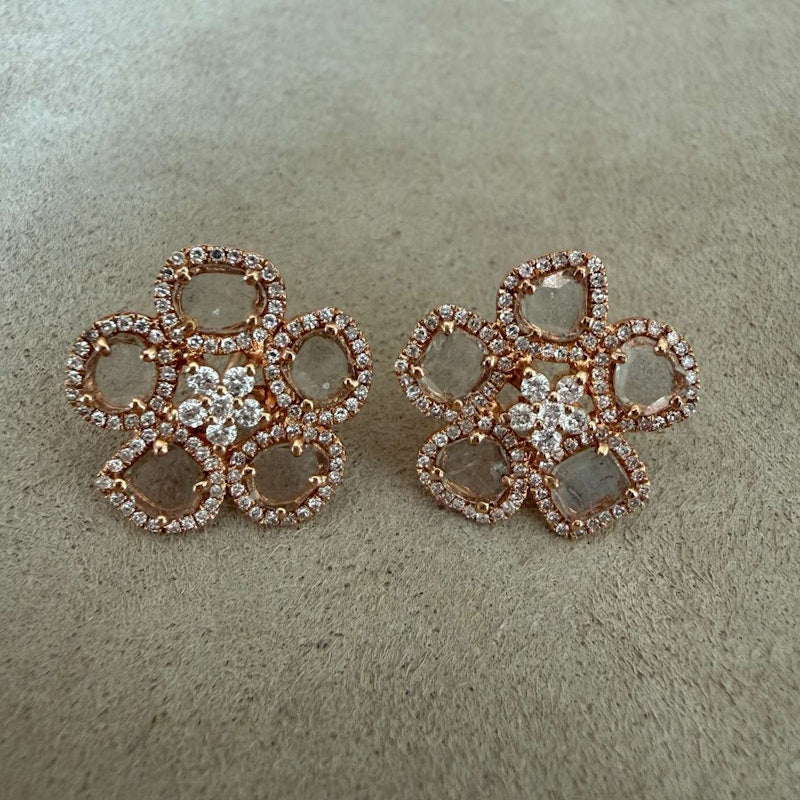 14k Rose Gold Sliced Diamond Flower Stud Earrings