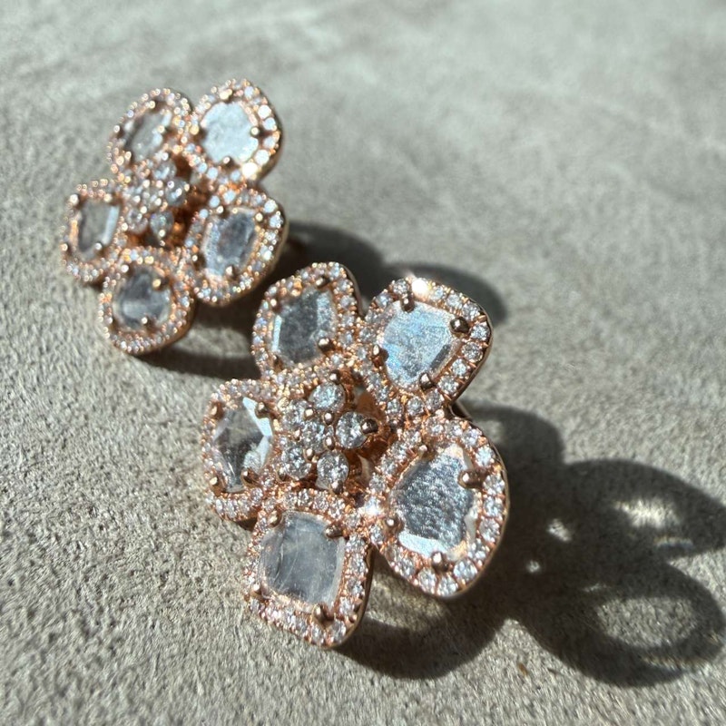 14k Rose Gold Sliced Diamond Flower Stud Earrings