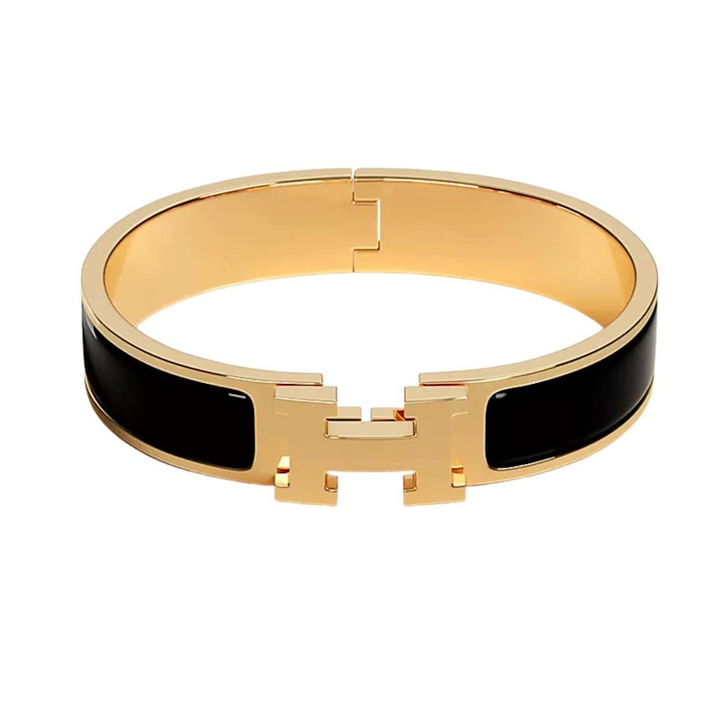 Hermès Narrow Clic Clac H Bracelet in Gold-Tone with Black Enamel