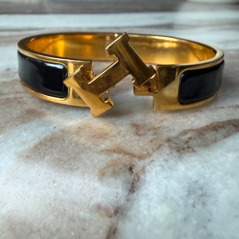 Hermès Narrow Clic Clac H Bracelet in Gold-Tone with Black Enamel