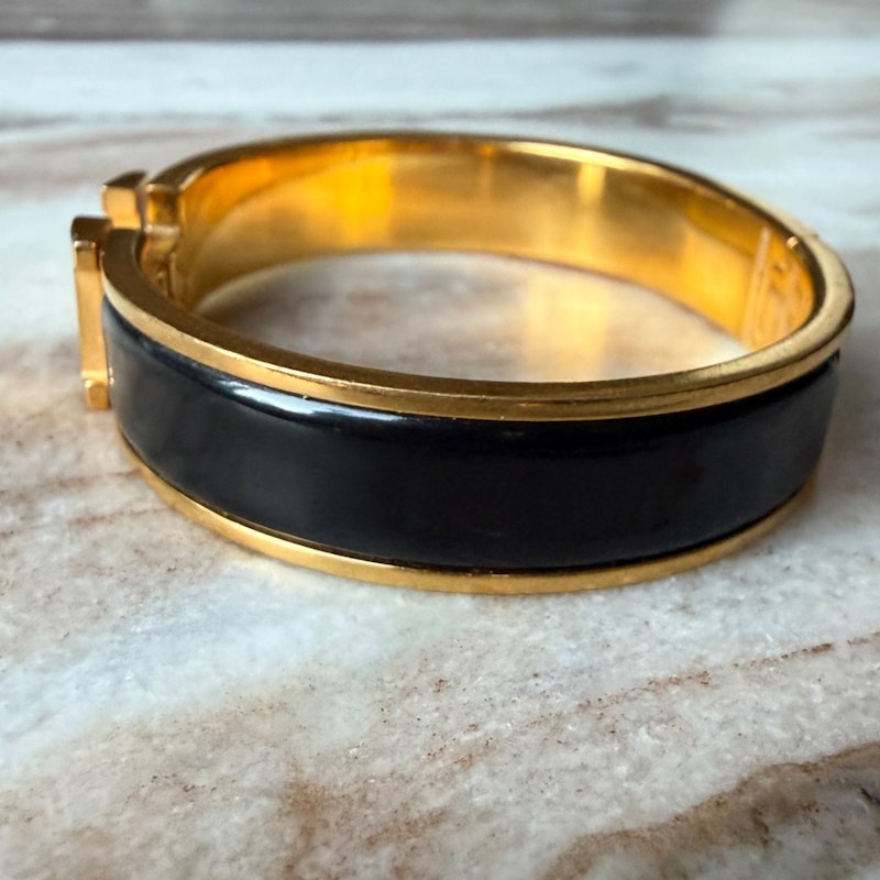 Hermès Narrow Clic Clac H Bracelet in Gold-Tone with Black Enamel